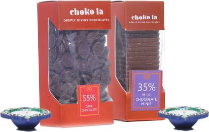 Choko La 55% Bite Size Dark Chocolate and 35% Milk Mini Chocolate (TR) with Designer Diya Set of 2|Diwali Special Combo Hamper Assorted Gift Box