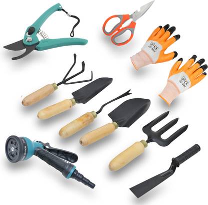 goniry 10 Pcs Gardening Tool Set with Wooden Handle,Quality Gardening Work Set of Cultivator, Hand Rack, Weeder, Trowel, Pruner Garden Tool Kit