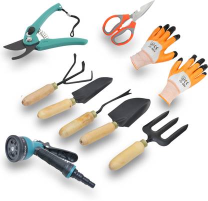 goniry 9 Pcs Gardening Tool Set with Wooden Handle,Quality Gardening Work Set of Cultivator, Hand Rack, Weeder, Trowel, Pruner Garden Tool Kit