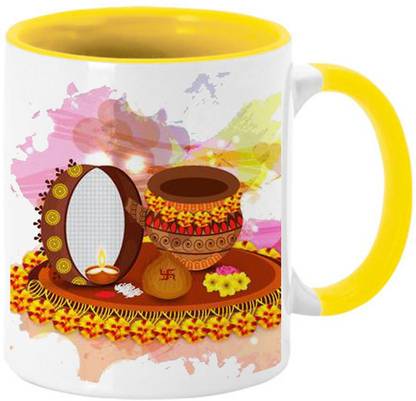 COLOR YARD best Happy karwa chauth background design with sieve and kalash on yellow inner hadle mug design on Ceramic Coffee Mug