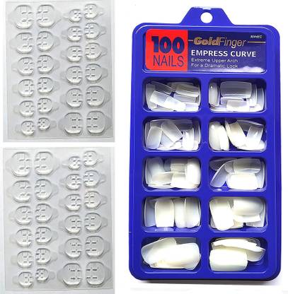 LikeUp Professional Best Quality Artificial Clear shinning professional Finger Empress Curve 100 Tips Fake Nails with 2 Sheet(48pic) Double Sided Nails Tab Sticker white