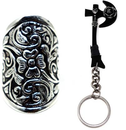 alphabey Set of Silver Plated Brass Rose Turgut/Noorgul Alp Axe Keychain Set of Large Flower Ertugrul Gazi Ring Key Chain