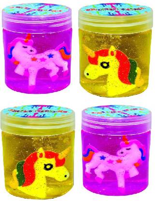 Crazycute Slime with Cute Unicorn Rubber Toy Inside | Multicolor, Soft & Squishy Stress Relief (Pack of 4) Multicolor Putty Toy