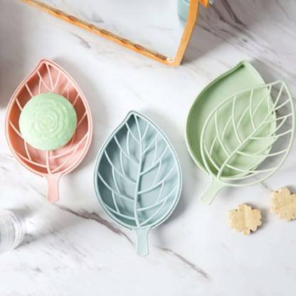 JINELZA Plastic Beautiful Leaf Shape Double Layer Soap Dish Case Holder Bathroom-3