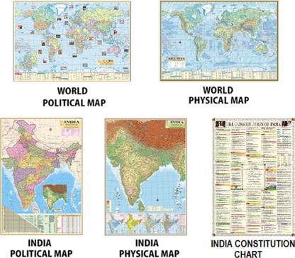 (PACK OF 5) INDIA, WORLD MAP [POLITICAL and PHYSICAL] and INDIA CONSTITUTION CHART All Map/Chart Size : 40"x28" inch (100x70 cm). Updated : 2020 For Competitive Exams Such UPSC, PCS, SSC, Railways Etc. Updated : 2020. Paper Print
