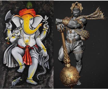 Large 90CM Self Adhesive Ganesh Ji n Hanuman Ji Vinyl Print Poster Super fine Quality Paper Print