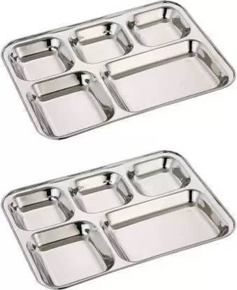 Rhtdm Stainless Steel Lunch Dinner Plate Bhojan Thali | Mess Tray | Bhandara Plate | 5 in 1 Compartment Dining Set | Mirror Polish | 33cm X 26cm| Depth 27mm | 277 Gram wgt. Per Plate | (Set Of 2) Dinner Plate