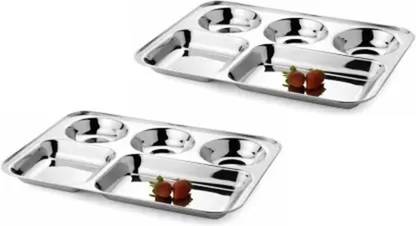 Rhtdm Stainless Steel Lunch Dinner Plate Bhojan Thali | Mess Tray 5 in 1 Compartment Dining Set | Mirror Polish | 33 cm X 26 cm| Depth 29mm | 277 Gram wgt. Per Plate |Set of 2 Dinner Plate