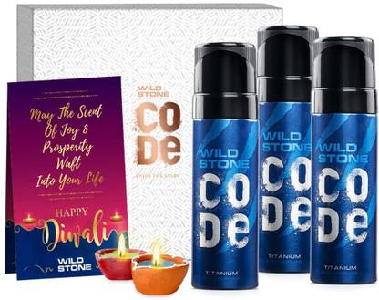 Wild Stone Diwali Gift Box with 3 Code Titanium Body Perfume 120ml and 2 Diya Combo Set