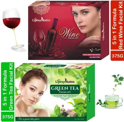 Lifesy Nutra Red Winekit 5 in 1 Formula Facial Kit (375g) + Green Tea Facial kit (375g) For Best Skin Care