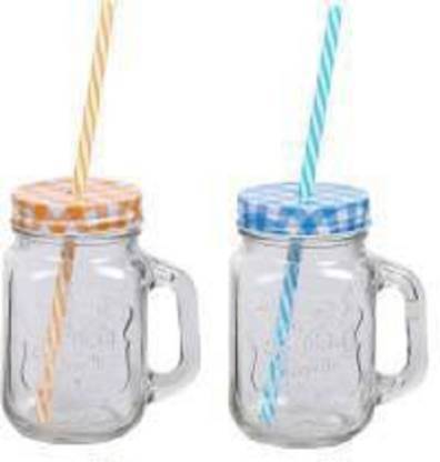FIRSTWORLD Mason Jar with Straw and Lid, 450ml, Random Colour (Plain jar) mocktail jar/Smoothie jar (Set of 2) Glass Mason Jar (450 ml, Pack of 2) Glass Mason Jar