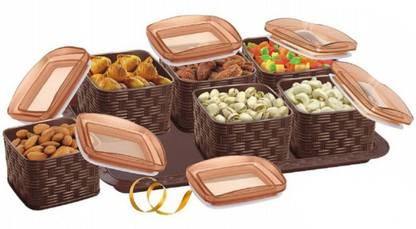 PALAK PRODUCT (Saffron 6) Multipurpose Dry Fruits / Masala Air-Tight 6 Jars With Tray Container Serving Set