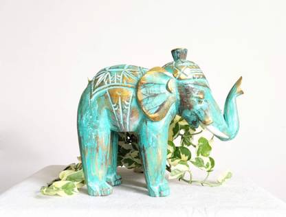 TAMARA ARTEFACTS Home Decor Sculpture. Wooden Hand Carved and Painted Elephant Statue Ornament. Decorative Showpiece  -  24 cm