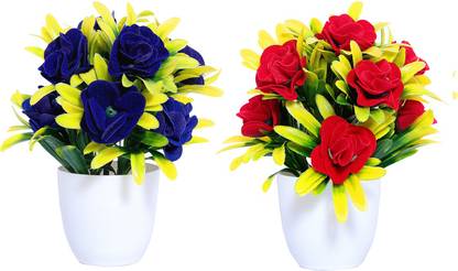 mogal Natural Looking Artificial Plant with Pot(Red,Blue Pack of 2, 7inch) Bonsai Wild Artificial Plant  with Pot