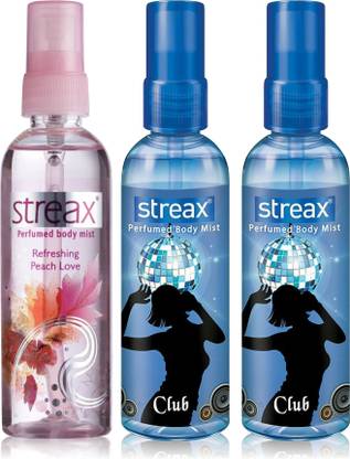 Streax Body Mist-Peach Love+Club+Club 100ml Pack Of 3