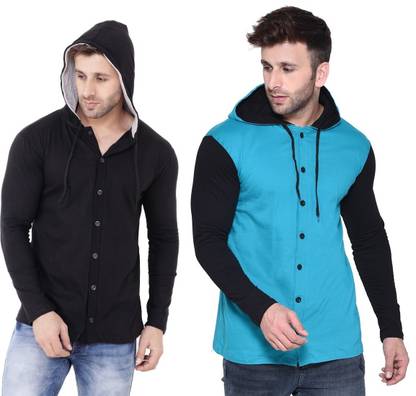 Men Color Block Casual Black, Blue Shirt