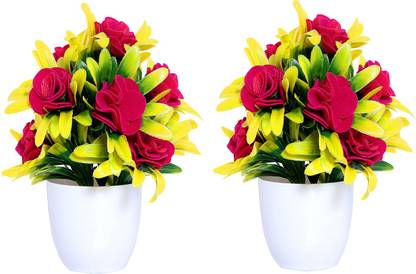 NERAPI Beautiful and Attractive Pink, Yellow Rose Artificial Flower  with Pot