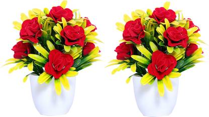 S-Biv Artificial Mini Faux Plant with Plastic Pot Flowers For Decor Bonsai Artificial Plant  with Pot