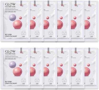 O3+ Facialist Glow Sheet Mask with Lactic Acid for Skin Radiance & Brightening Tired Complexion Ideal for Dull & Combination 12 Pcs