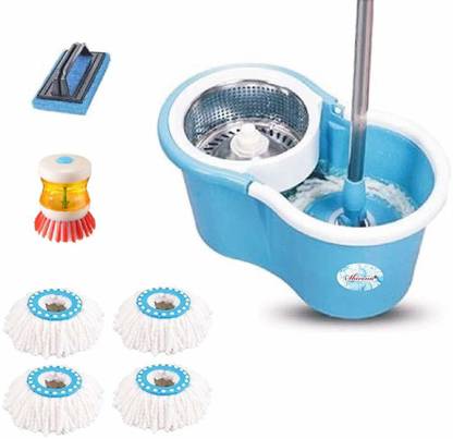 Shivonic STEEL Mop Bucket Magic Spin Mop Bucket Double Drive Hand Pressure with,1 Dish Brush,1 Tile Brush, 4 Microfiber Mop Head Standard Color BLUE Mop Set