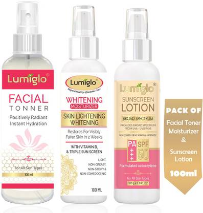 lumiglo Combo Pack Of Revitalift Facial Toner | Radiant Boost Whitening Moisturizer | Ultra Light Sunscreen With SPF 50 PA+++ | For All Types Of Skin