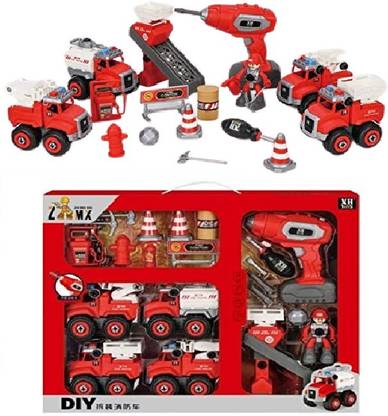 TEMSON DIY Toy Set of Vehicle Set Assembly Toy Disassembling Fire Rescue Trucks Set Unbreakable Toy Fire Rescue Trucks Play Set Toy Car DIY Assembly Car with Screwdrive Robot Toy Car for Kids