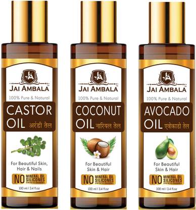 Jai Ambala Cold Pressed Premium Castor Oil And Coconut Oil And Avocado Oil For Skin & Hair Pure & Natural-100ML-Packof-3-Bottle-Combo- Hair Oil