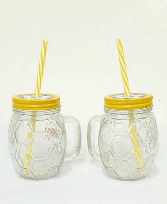 SOOGO Football Mason Jar with Strew and Lid for Beverage, Kids Glass Jar, [Pack of 2] Glass Mason Jar
