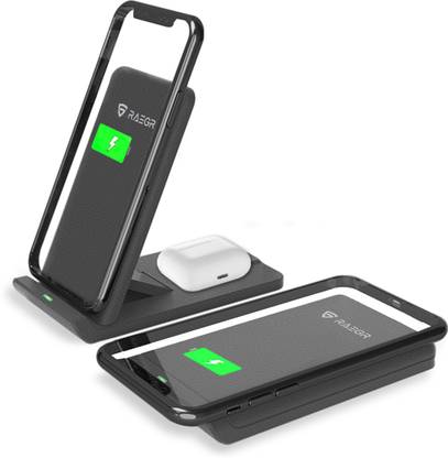 RAEGR RG10136 Arc 1100 [2-in-1] 10W+5W Wireless Charger Foldable Stand [with 2 Type-C Cables] 10W / 7.5W / 5W for Qi-Enabled Phones, AirPods. (No AC Adapter) Charging Pad