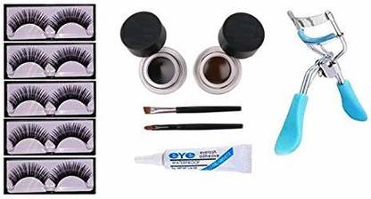 AVEU 5 Pair Eyelash, Glue, Curler, Gel Eyeliner Black and Brown pack of 7 (7 Items in the set)