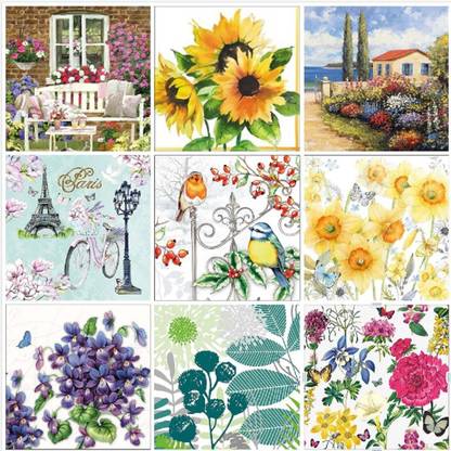 DCAD Decoupage Napkins Printed Art and Craft Tissues Floral Print Set3 -- 9 Decoupage Tissues -1 napkins of each design - total 9 pc Multicolor Napkins Multicolor Paper Napkins