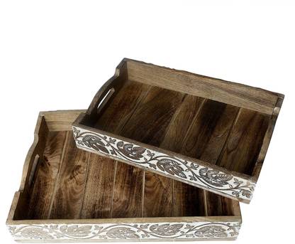 ARIJA Rustic Wooden Serving Tray with handle| Set of 2 -Decorative Wooden Ottoman Tray for Coffe Tea, Drinks serving with handles| Rustic Home décor, Boho Décor Serving Tray| Floral Side Handcarving Tray