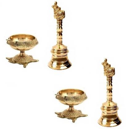 Uniqon 2 Pcs Kuber Pedi With Turtle Stand ( 00 Small Size ) Diya With 2 pcs Nandi Head Small Size Puja Bell Brass
