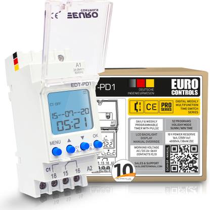 Euro Controls EDT-PD1 German - 24 to 265 V AC / DC - LCD Backlit - 50 Programs Daily/Weekly/Pulse/Holiday modes - Battery Reserve Programmable Electronic Timer Switch