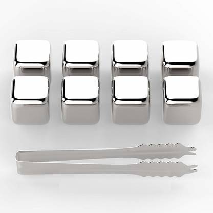 divinezon Stainless Steel Pack of 8 Reusable Ice Cubes with Tongs Whisky Rocks Silver Steel Ice Cube Tray