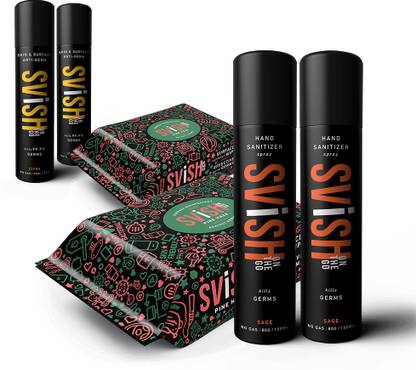 SVISH On The Go Easy to Use Fitness/Gym Pack 1 Sage Hand Sanitizer 100 Ml | 1 Anti-Germ Spray 75 Ml | 1 Pack Disinfectant 30 Wipe