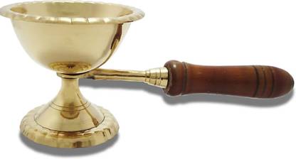 ANTRA Traditional Brass Dhoobakkal with Wooden Handle/Puja Dhoopakal/Pooja Dhoopkarandi Brass Table Diya (Height 2.75 Inch) Brass Table Diya