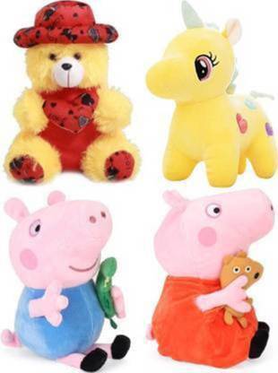 Nihan Enterprises PACK OF 4 STYLISH UNICORN, PERFECT CAP TEDDY AND PEPPA & GEORGE  - 25 cm