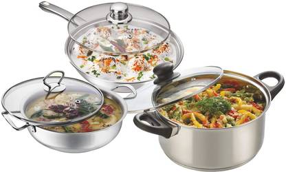 Maple Enchant Stainless-Steel 3 Piece Gift Set - (Kadhai, Fry pan and Ultra Cook N Serve Casserole) Induction Bottom Cookware Set