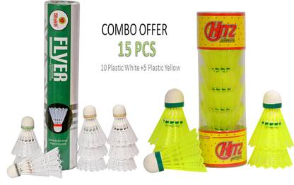 shakti Combo Pack of 15 Shuttlecocks Flyer Nylon Shuttle  - White, Yellow