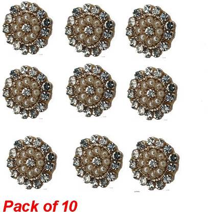 Mass Pro Golden Patch Button Round Shape Crsytal Glass Moti & Plastic White Moti Handmade Button ( Pack OF 10) Suitable For Suit Sari Kurti Dupatta ETC . Fabric Buttons