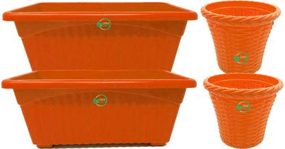 Oshi Greens Rectangle Jupiter 14 inches tray set with table top pots5 inches size orange color Plant Container Set