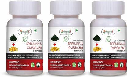 Vringra Spirulina Capsules & Omega 369 Combination - Omega 3 fatty Acids (Pack Of 3)