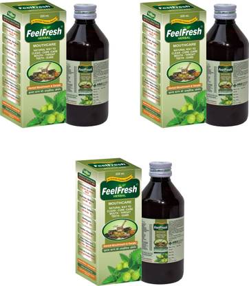 feelfresh HERBAL MOUTHCARE GARGLE | MOUTHWASH AND GARGLE | | Made of 22 Herbs like Neem, Tulsi, Haldi, Fudina, Long etc. | Free from Alcohol, Artificial colour & Flavour. 220 ml (3) - Natural