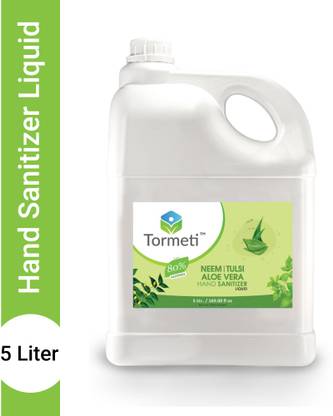 Tormeti Tulsi, Neem & Aloe _Vera Power of 3 Herbal, Liquid Sanitizer Based (Kills Germs & Viruses) Without Water with triple action formula sanitizes hands, pH balanced, nourishes skin 5 Liters  Bottle (1 x 5 L) Hand Sanitizer Can