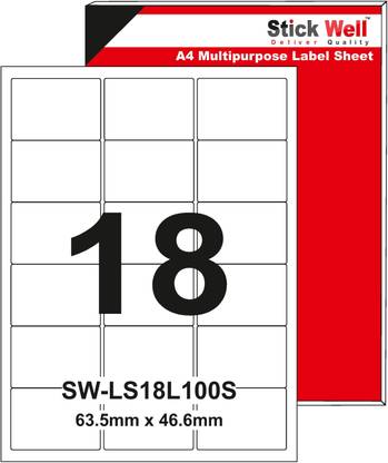 STICKWELL STICKWELL A4 LABEL SHEET 63.5mm X 46.6mm OFFICE LABELS 18 LABEL PER SHEET 100 SHEET PKT. Self Adhesive Labels Paper Label