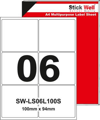 STICKWELL STICKWELL A4 LABEL SHEET 100mm X 94mm Rectangle 6 LABELS PER SHEET 100 SHEET PKT. Self Adhesive Labels Paper Label