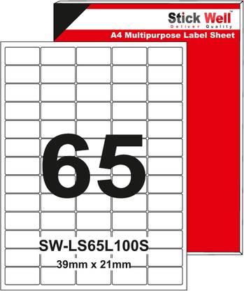 STICKWELL A4 LABEL SHEET 39mm X 21mm SCHOOLS LABELS 65 LABEL PER SHEET 100 SHEET PKT. Self Adhesive Labels Paper Label