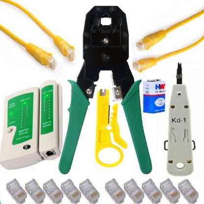 D.V TECH PROFESSIONAL SET OF TWO ETHERNET CABLE, CRIMPER TOOL, NETWORK LAN CABLE TESTER 50PCS OF RJ45 CONNECTOR STRIPPER TOOL 9V BATTERY SET OF CRIMPING TOOL Manual Crimper