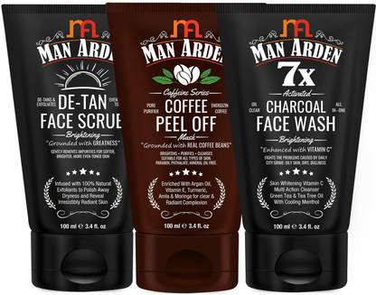 Man Arden Brightening Combo | De Tan Face Scrub + Coffee Peel Off Mask + Charcoal Face Wash (100ml Each)